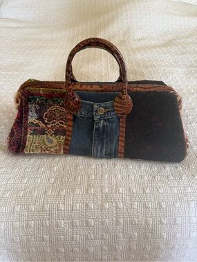 Patchwork Multicolor Handbag with Brown Faux-Croc Handles